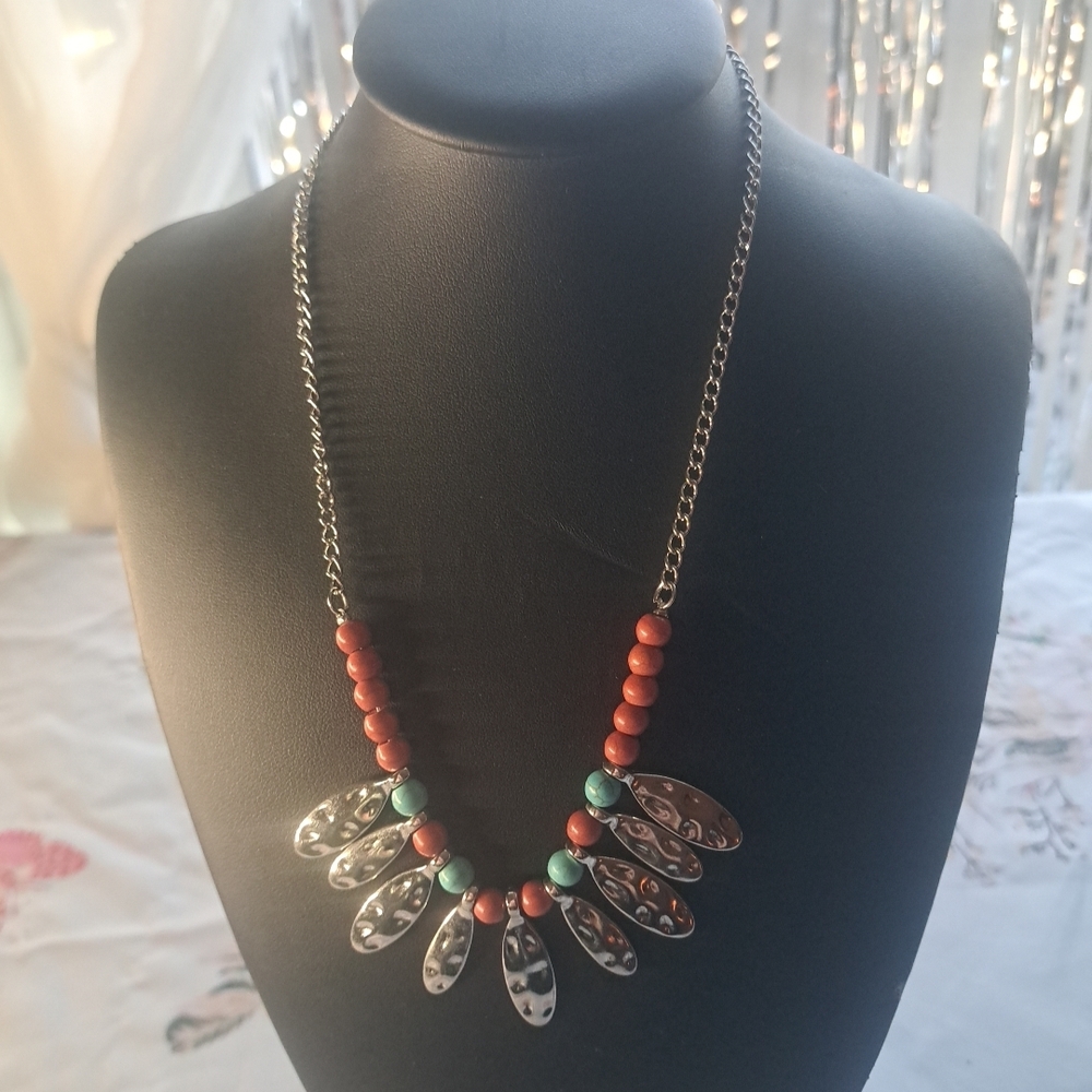 Paparazzi Coral & Turquoise Beaded Statement Necklace With Pierced Earrings